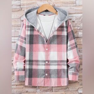 SHEIN Men’s Hooded Pink& Gray Plaid Lightweight Button Down Flannel